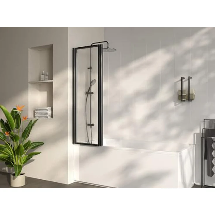 Vente-unique Duschtrennwand Badewanne klappbar, Atelierstil, mattschwarz, 100 x 140 cm, mit Aluminiumrahmen und gehärtetem Glas – Bild 2