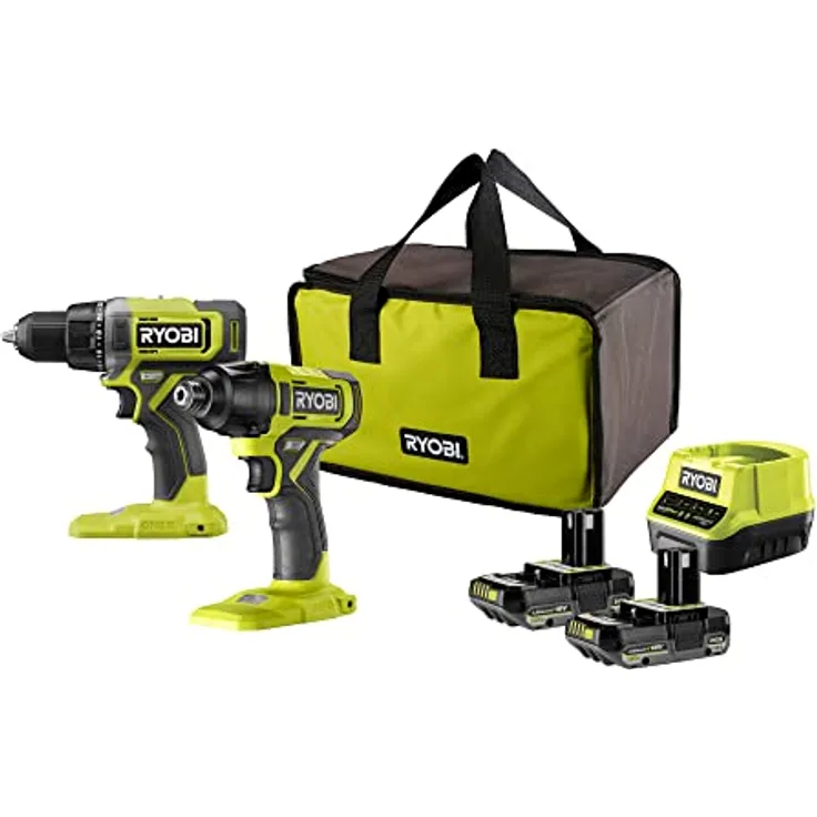 Ryobi ONE+ RCK182G-220S Akku-Maschinen-Set mit Bohrschrauber und Schlagschrauber 18 V, inkl. 2x 2,0 Ah Akkus, Schnellladegerät und Werkzeugtasche
