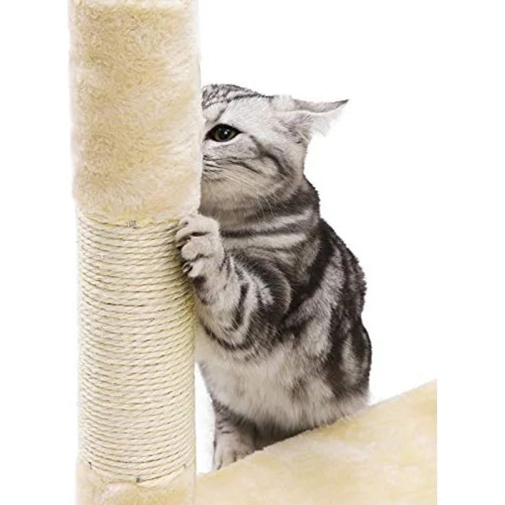 Feandrea Kratzbaum groß, 138 cm hoch, Katzenbaum mit Kratzbrett und 9 Kratzsäulen, Plattform, Höhle, Plüschball, mehrstufig, beige – Bild 5
