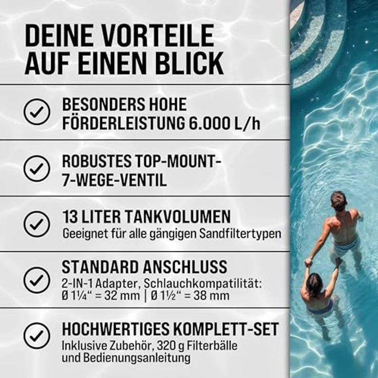monzana Sandfilteranlage MZPP100, 5000 L/h, für Pools bis 20.000 L, inkl. Filterbälle, 7-Wege-Ventil, schwarz/blau – Bild 8