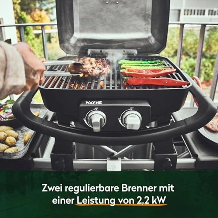 BURNHARD 2-Brenner Gasgrill Wayne 4,4 kW – Tragbarer Balkongrill - Tischgasgrill klein mit Aludruckguss Brennkammer inkl. Abdeckhaube - Gusseisen Grillrost, Schwarz – Bild 4