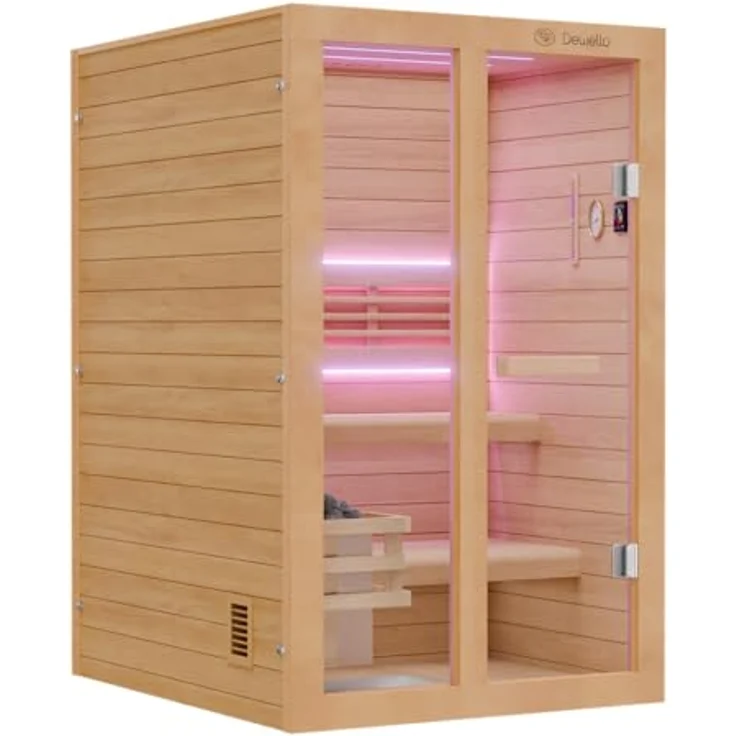 Dewello Sauna TOFINO 120x140 Finnische Sauna, 2 Personen, Saunaofen Harvia 3,5KW, Hemlockholz, BxTxH: 120 x 140 x 190 cm – Bild 4
