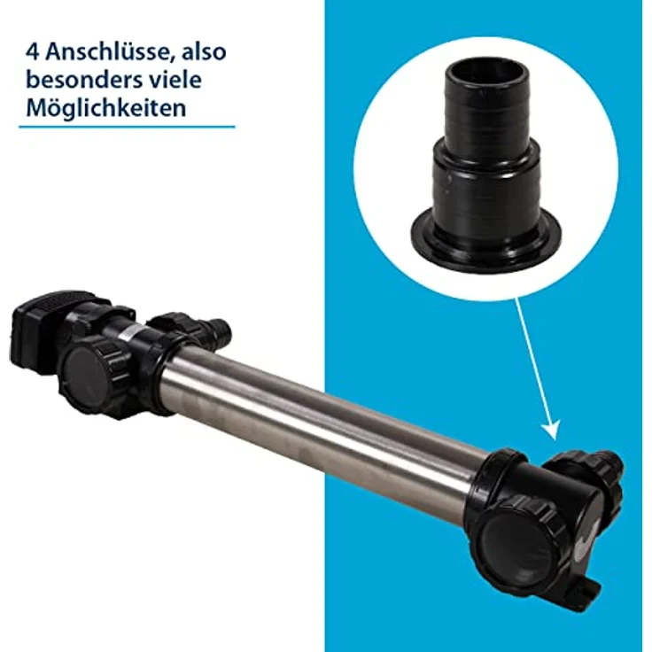 AquaForte SUV-772 RVS UV-C, PL 2x36W, Länge 1030 mm, Max. Teichgröße 90 m3, empfohlener Durchfluss 8 m3⁄h, Max. Druck 1,0 bar, Inklusive 4 Schlauchnippel 38/50 mm, 4 x 2 A.G. Anschlüsse – Bild 3