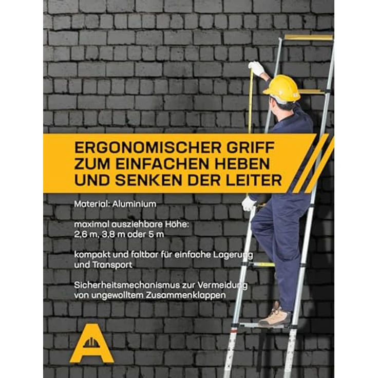ANDIARBEIT Höhenangst Teleskopleiter aus Aluminium, kompakt & faltbar, max. Belastbarkeit 150 kg, rutschfeste Sprossen & gummierte Füße, für Haus & Garten, 2,6 m. – Bild 3