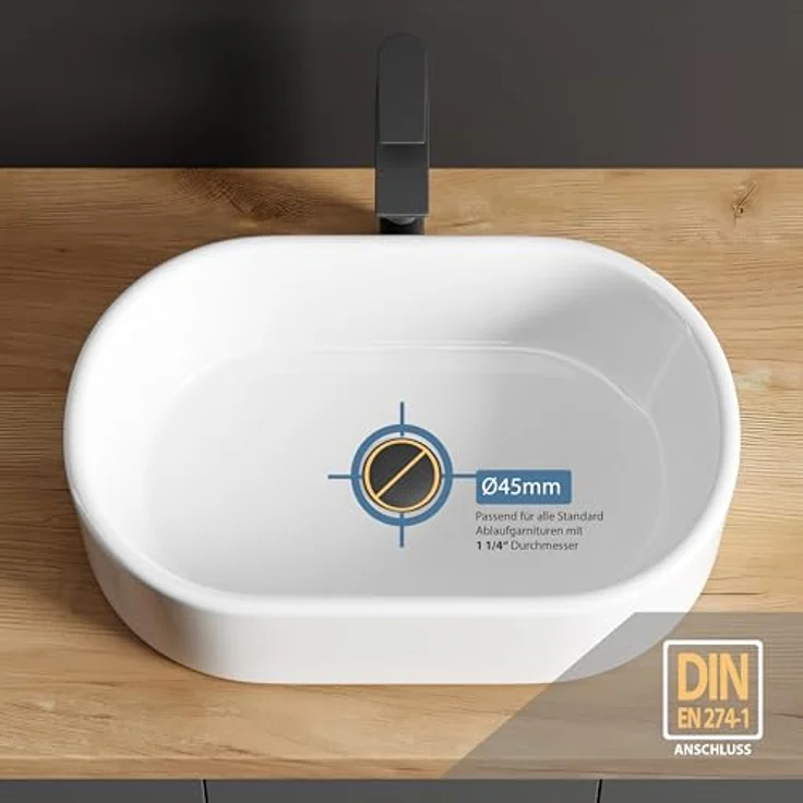 Planetmöbel Aufsatzwaschbecken Aquil Elegant, ovales Badezimmer Waschbecken 55 cm, matt, weiß für Waschtisch – Bild 3