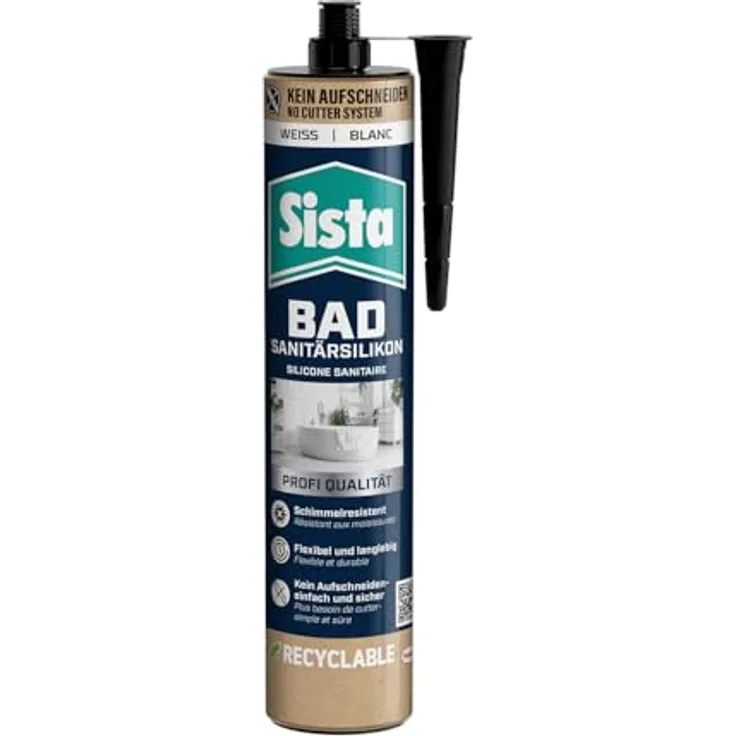 Sista Bad Sanitär Silikon, weiß, wasserfeste Dichtmasse auf Silikonbasis, 280ml Kartusche, schimmelresistent