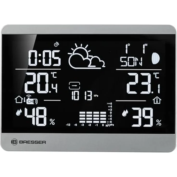 Bresser Funk-Wetterstation ClimateTemp NDH-NEO, Außensensor, Temperatur- und Luftfeuchtigkeitsanzeige, Wettervorhersage, Frostwarnung, Querformat, Silber/schwarz – Bild 4