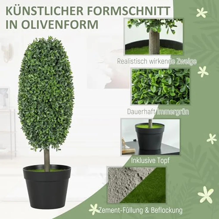 HOMCOM 2er-Set Künstliche Buchsbaum 60 cm, UV-beständige Kunstpflanze im Olivenform mit Drahtkern, pflegefrei und stabil, Dekoration für Innen- und Außenbereiche – Bild 4