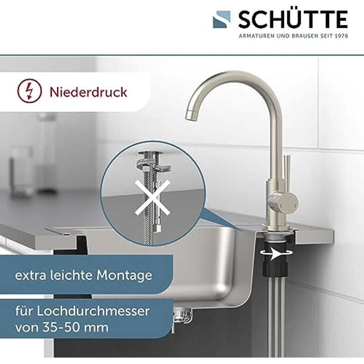 Schütte Cornwall Niederdruck Spültischarmatur, 360° schwenkbarer Wasserhahn mit Dripless-Strahlregler, Einhebel-Mischbatterie – Bild 2
