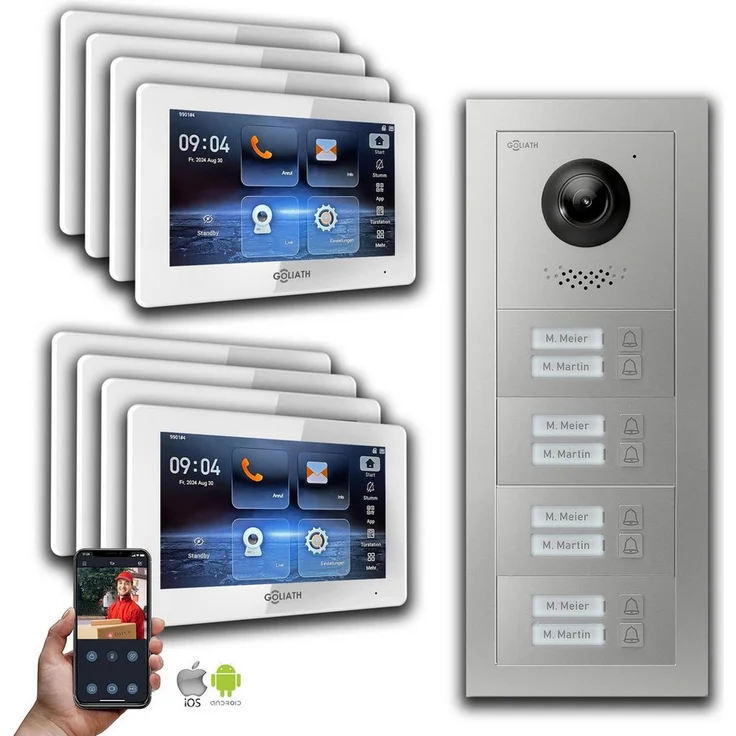 Goliath Intercom GL-IPH805 IP Video-Türsprechanlage, 7 Zoll Monitor, HD-Kamera, Smartphone App, silber, für 8 Familienhäuser