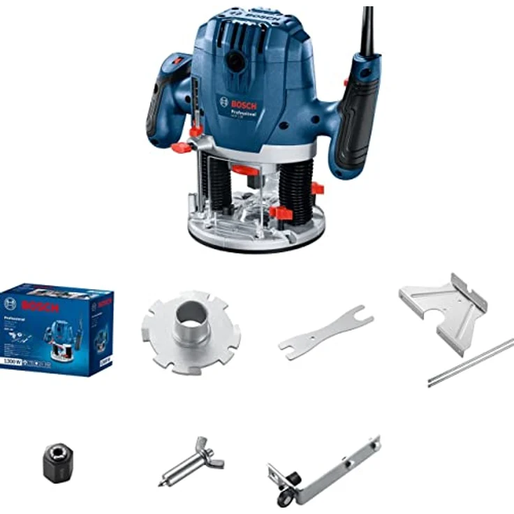 Bosch Professional GOF 130, Oberfräse mit Parallelführung, Kopierstift, Staubabsaugadapter, Zentrierstange, Führungsrolle und 2 Befestigungsklammern – Bild 1