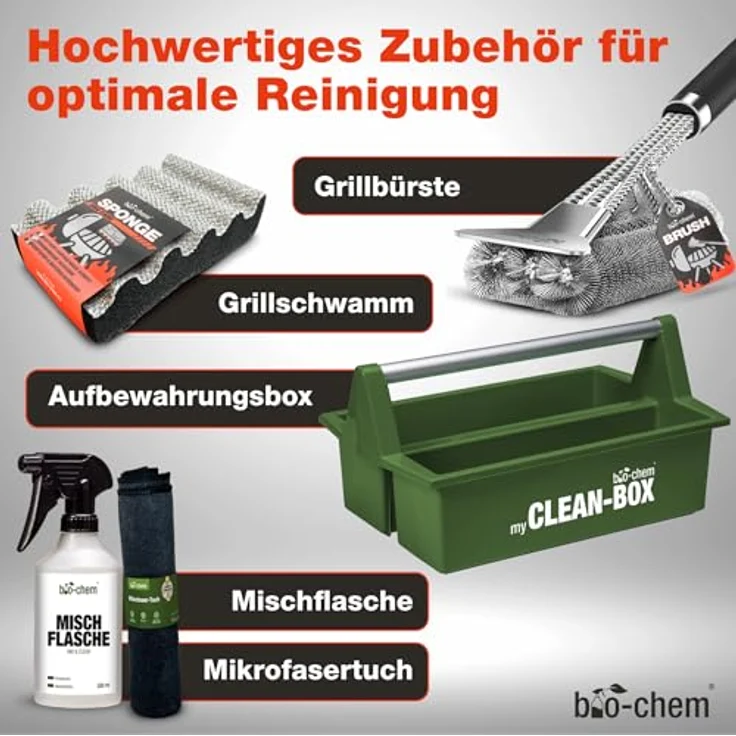 bio-chem Grill Reinigungsset 9-teilig, inkl. Rauchharzentferner 1L, Fettlöser und Edelstahlreiniger, umfassende Reinigungslösung für Edelstahl, Gusseisen und Aluminium – Bild 5