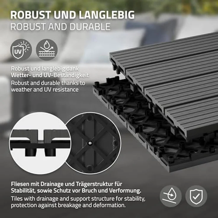 ECD Germany WPC Terrassenfliesen 30x30 cm 22er Spar Set für 2m² Anthrazit in Holzoptik für Garten Balkon Bodenbelag mit Drainage und Klicksystem Terrassendielen Balkonfliesen Klickfliesen Holzfliesen – Bild 4