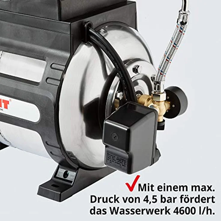 Hecht Hauswasserwerk 3331 INOX, 4.600 l/h, 1100W, Edelstahl, Druckschalter, 4,5bar, 45m Förderhöhe, 24L Tank – Bild 8