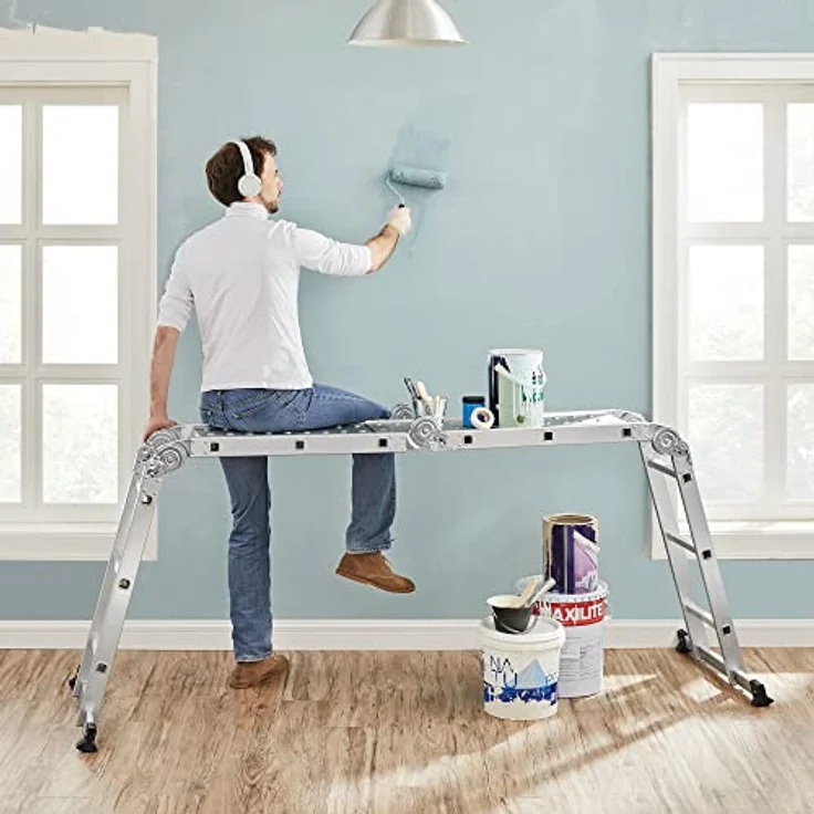 SONGMICS Mehrzweckleiter, Trittleiter, Aluleiter, Haushaltsleiter, 4 x 3 Stufen, bis 150 kg, 12 Stufen mit 2 Gerüstplatten, silbern – Bild 3