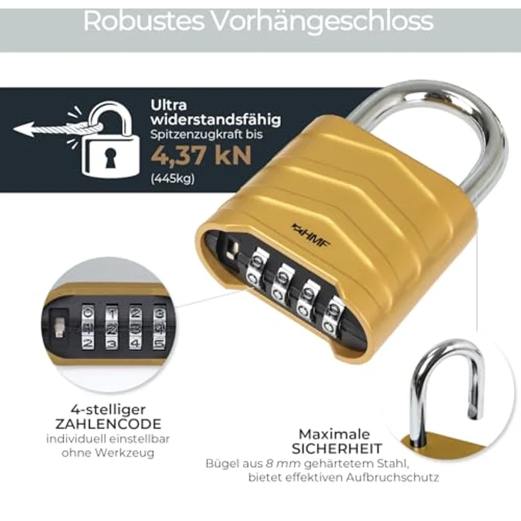HMF Zahlenschloss Vorhängeschloss, robustes Schloss mit 4-stelligem Zahlencode aus Aluminiumlegierung, 5,6 x 2,6 x 8,7 cm, Gold – Bild 2