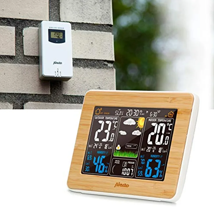 Alecto WS-1560 Wetterstation, Braun, mit drahtlosem Außensensor, animierter Wettervorhersage und Weckerfunktion