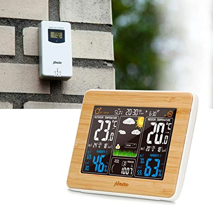 Alecto WS-1560 Wetterstation, Braun, mit drahtlosem Außensensor, animierter Wettervorhersage und Weckerfunktion – Bild 1
