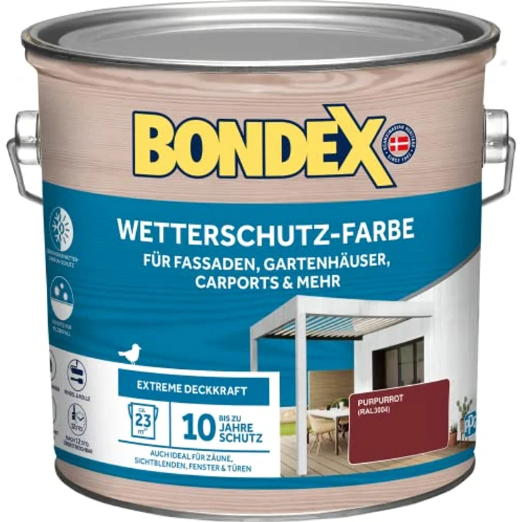 Bondex Wetterschutz Farbe Purpurrot (RAL3004) 2,5 L für 23 m² | Extreme Deckkraft | Hervorragende Witterungsbeständigkeit | seidenglänzend | Wetterschutzfarbe | Holzfarbe – Bild 1