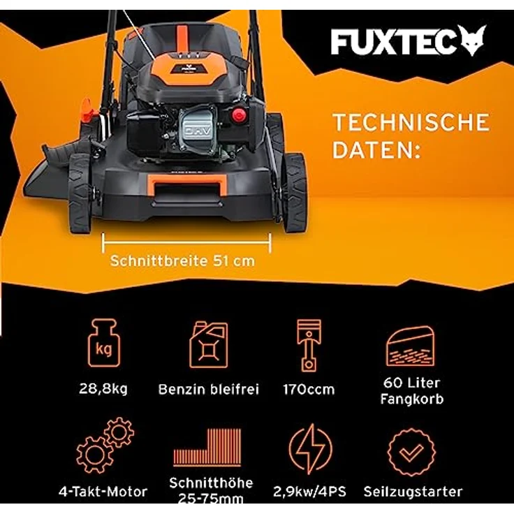FUXTEC 4in1 Benzin Rasenmäher FX-RM5170PRO mit flexiblem Antrieb -4PS/2,9kW | 51cm Schnittbreite & 7-stufige Höhenverstellung 25mm-75mm | 4-Takt - 60L Grasfangkorb, Mulchfunktion & Seitenauswurf – Bild 3
