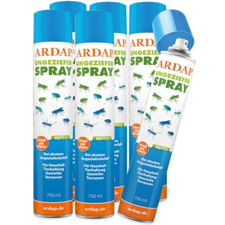 ARDAP Ardap Repell Ungezieferspray 6 x750ml - Insektenspray bei akutem Ungezieferbefall - Abwehrend bei Insektenbefall - Insektenspray Wohnung - Schädlingsfrei - Wirkt schnell & effektiv (PT19) - Schädlingsbekämpfung- schnell & effektiv