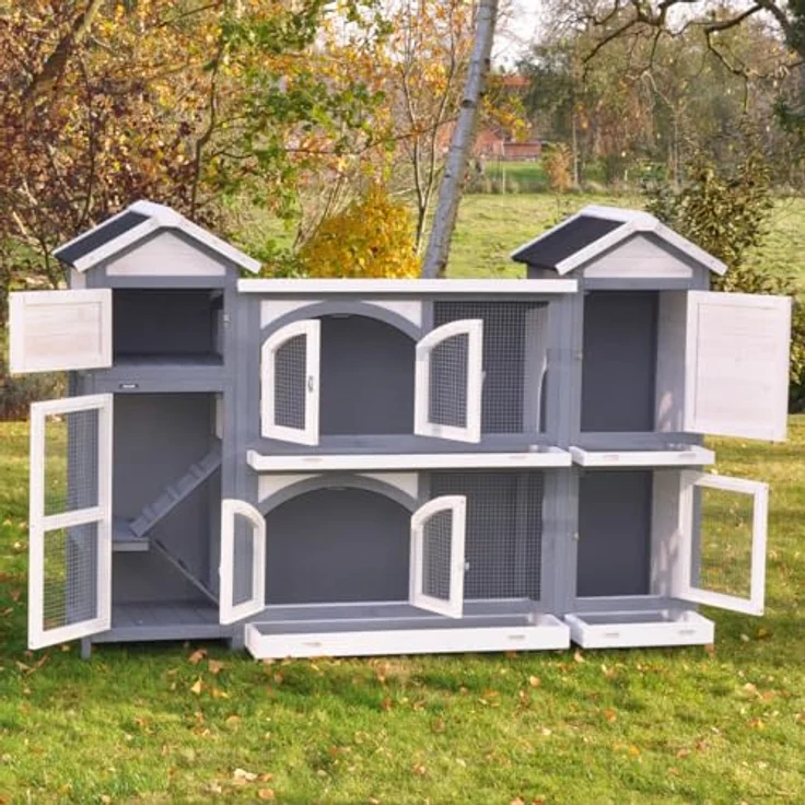nanook Kaninchenstall, Hasenstall Castle XXL mit seitlichen Aufgängen - wetterfest - Staufach - extragroß 181 x 43 x 127 cm grau/Weiss – Bild 4