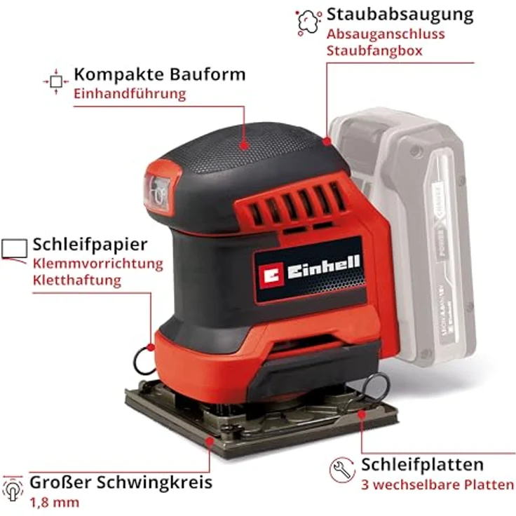 Einhell Akku-Schwingschleifer Faustschleifer TE-OS 18/113 3X Li - Solo, 22000 U/min, mit Aufbewahrungstasche und 3x Schleifpapier – Bild 3