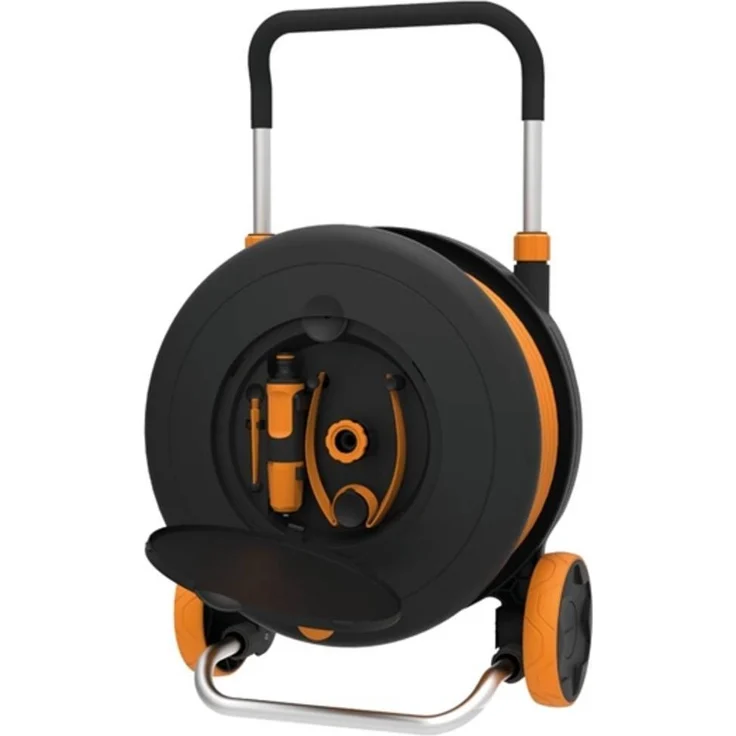 Fiskars Waterwheel M mit 20 m Schlauch (1023643) Zubehörfach mit Zubehör freite Platzierung 360° Drehung Schlauchwagen – Bild 2