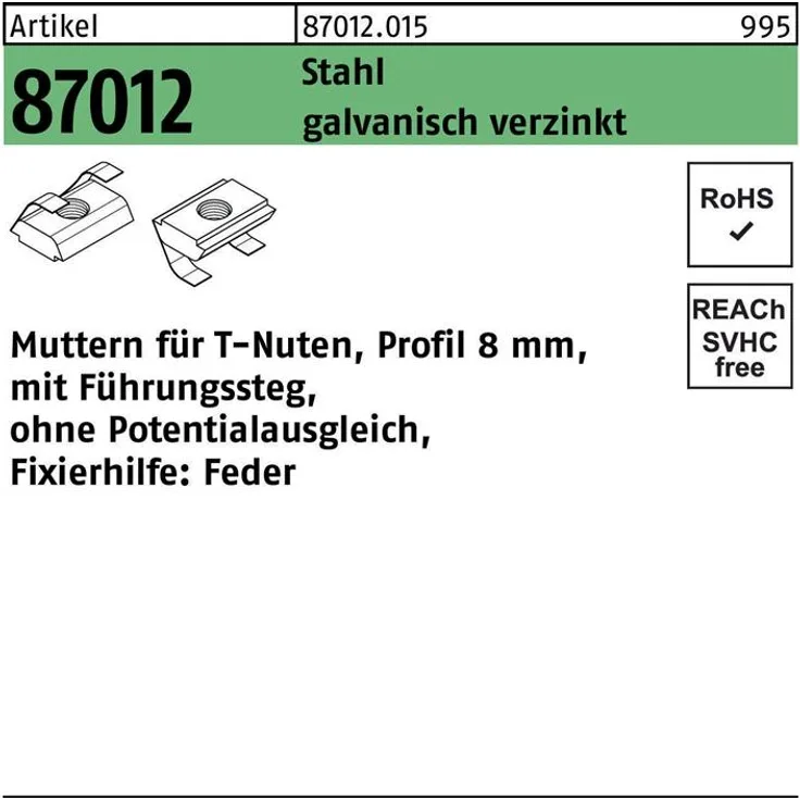 DIVERSE T-Nutenmutter R 87012 m.Führungssteg-o.Potenzialausgl. 8mm M 6 Stahl galvanisch verzinkt
