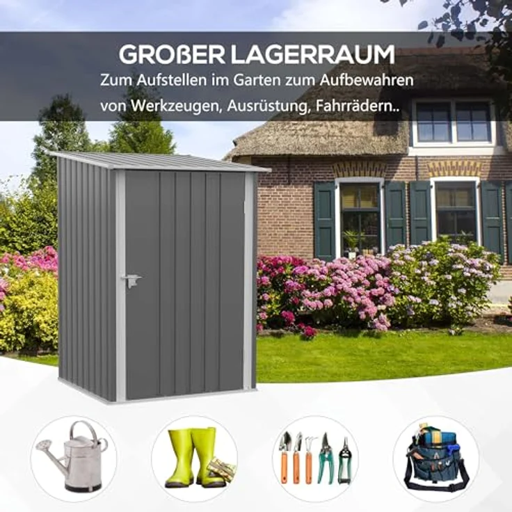 Outsunny Gerätehaus aus Stahl, 0,92 m² Geräteschuppen mit Pultdach Gartenschrank abschließbar, Gartenschuppen für Balkon, Terrasse, 100 x 103 x 160 cm, Grau – Bild 3
