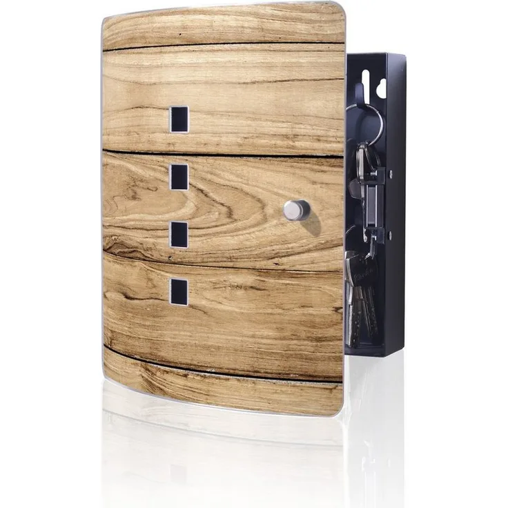 banjado Schlüsselkasten Edelstahl Holzplanken (verstellbarer Magnetverschluss, mit 10 Haken), 24 x 21,5 x 7 cm, elegant schwarz