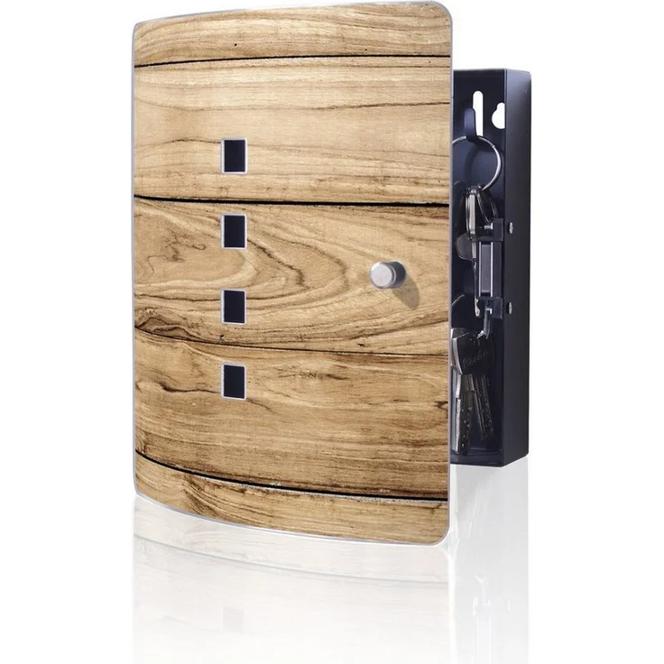 banjado Schlüsselkasten Edelstahl Holzplanken (verstellbarer Magnetverschluss, mit 10 Haken), 24 x 21,5 x 7 cm, elegant schwarz