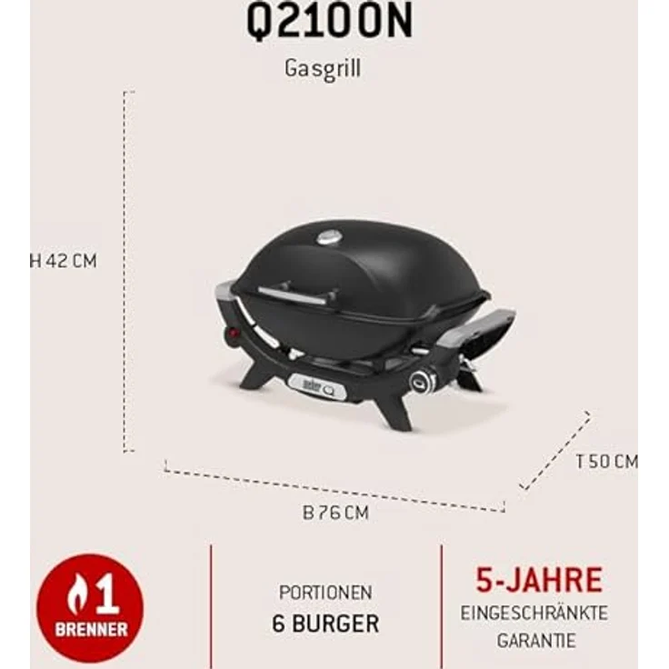 Weber Q2100N Gasgrill, 53 x 38cm Grillfläche, 1 Brenner, hoher Deckel, porzellanemaillierter Guss-Grillrost, Schwarz – Bild 5