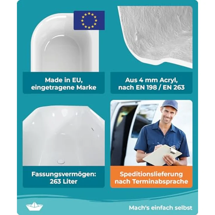 Calmwaters Badewanne Seamless Comfort, 5-tlg. Komplettset, 180 x 80 cm, fugenlos mit Pop-Up-Ventil, für 2 Personen, modulare Montage, 02SL6224 – Bild 6