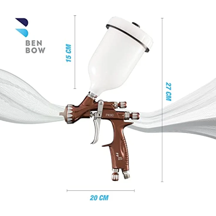 BenBow Profi Lackierpistole PK80 - MP, 1,3mm Düse - Spray Gun mit 600ml Fließbecher und Zubehör, HLVP-Technologie, Aluminiumgehäuse – Bild 3