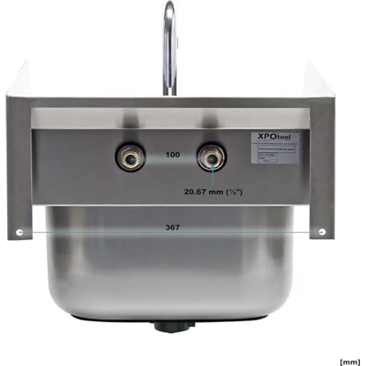 XPOtool Edelstahl Gastro Waschbecken mit quadratischem Innenbecken, 3-seitigem Spritzschutz zur Wandmontage, für Gastronomie Küche Werkstatt, Silber – Bild 4
