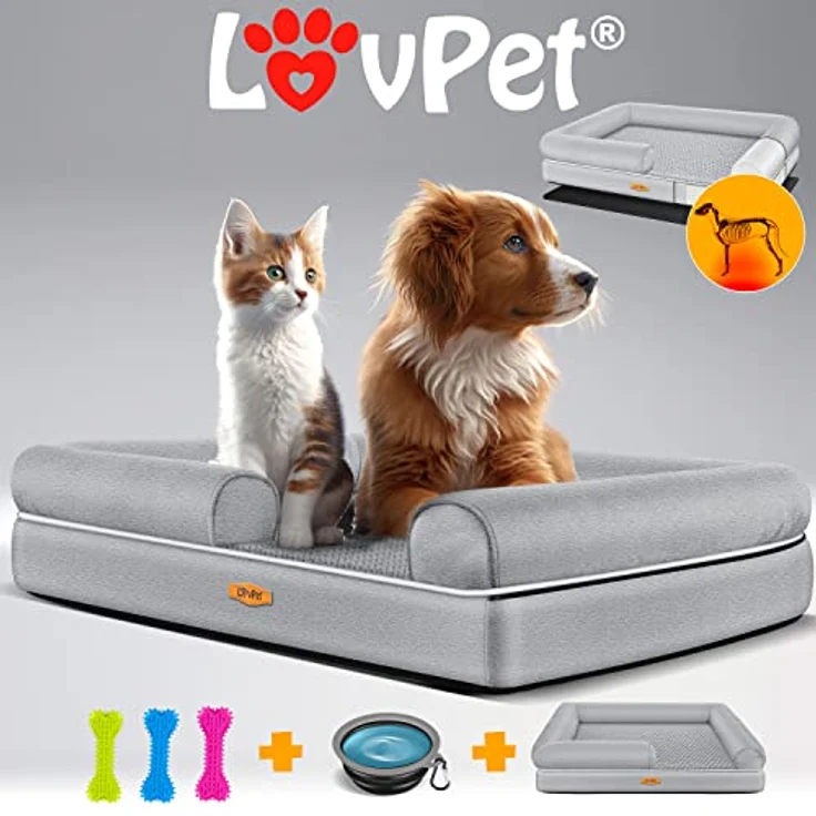 Lovpet® Orthopädisches Hundebett Hundekissen Hundekorb Relax, inkl. Napf + 3X Kauknochen, 91x71x22cm Grau – Bild 3