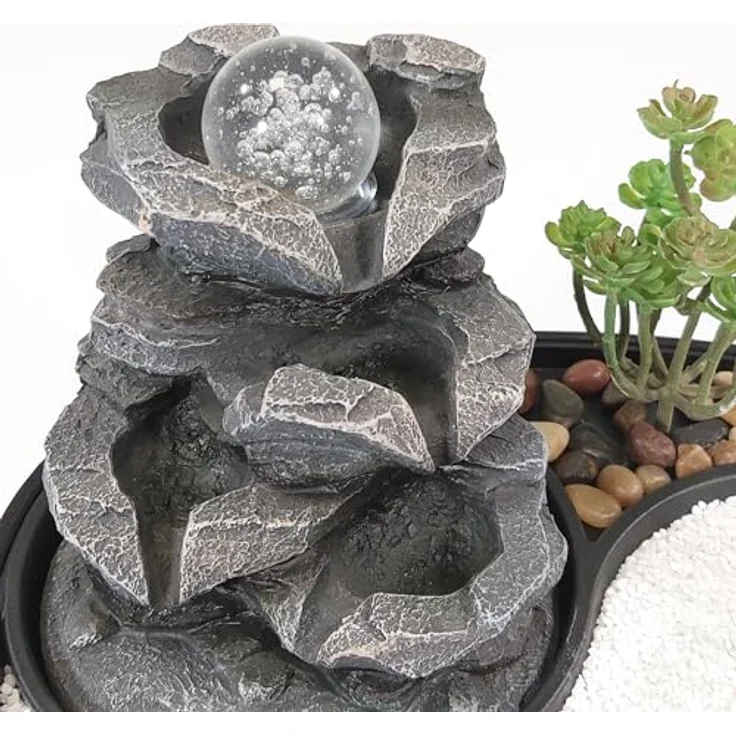 Lemodo Zimmerbrunnen Tischbrunnen mit Zen-Garten, Pumpe mit LED-Beleuchtung, Polyresin, fernöstliches Flair – Bild 4