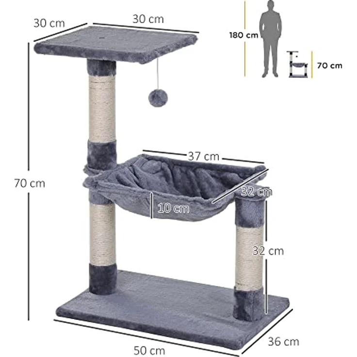 PawHut Kletterbaum Katzenbaum Kratzbaum mit Sisalsäule Plüsch-Hängematte Spanplatte Grau 50 x 36 x 70 cm – Bild 3