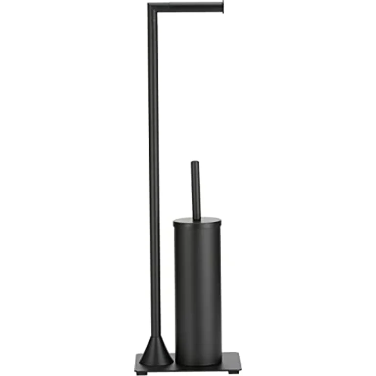 WENKO Stand WC-Garnitur Hella, Ständer für Toilettenpapier & Toilettenbürste, WC-Papierhalter, stehender Rollenhalter inkl. Bürste, Stahl, 15 x 69 x 20 cm, Schwarz matt – Bild 2