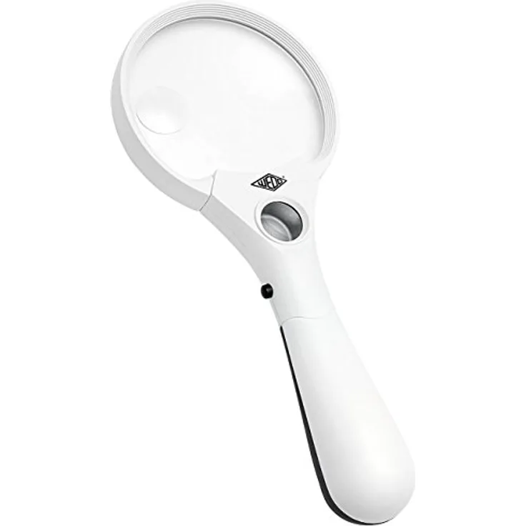 Wedo 2717550 Profi-Lupe Profi Lupe, 3 LEDs, 2,5x 4,5x 12x Vergrößerung, Linsen-Durchmesser 9 cm, ergonomischer Griff, inkl. Batterien, Weiß/Schwarz