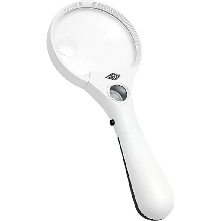 Wedo 2717550 Profi-Lupe Profi Lupe, 3 LEDs, 2,5x 4,5x 12x Vergrößerung, Linsen-Durchmesser 9 cm, ergonomischer Griff, inkl. Batterien, Weiß/Schwarz – Bild 1