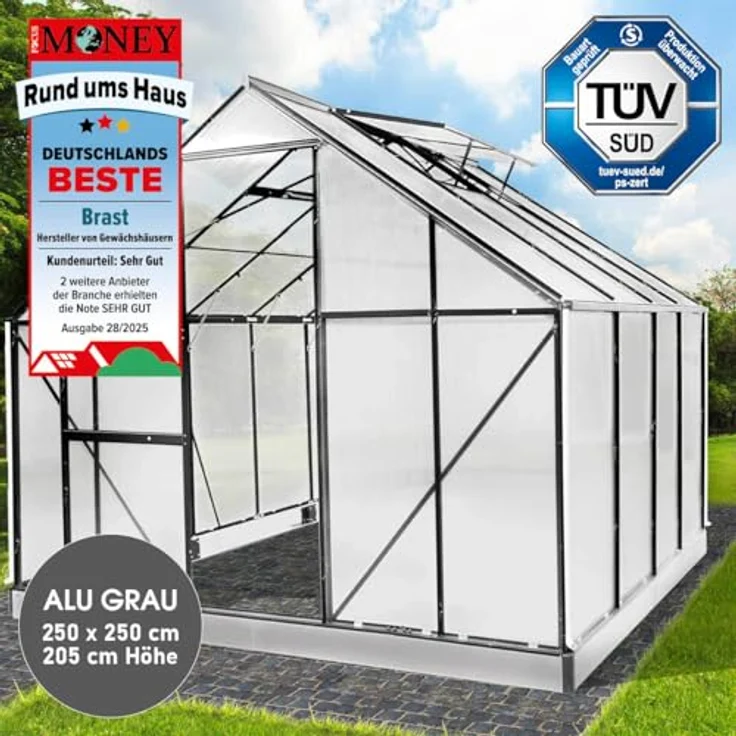 BRAST Gewächshaus Aluminium mit Fundament, 250x250x205cm, grau, TÜV geprüft, 6mm Hohlkammerplatten, rostfrei und wetterfest – Bild 2