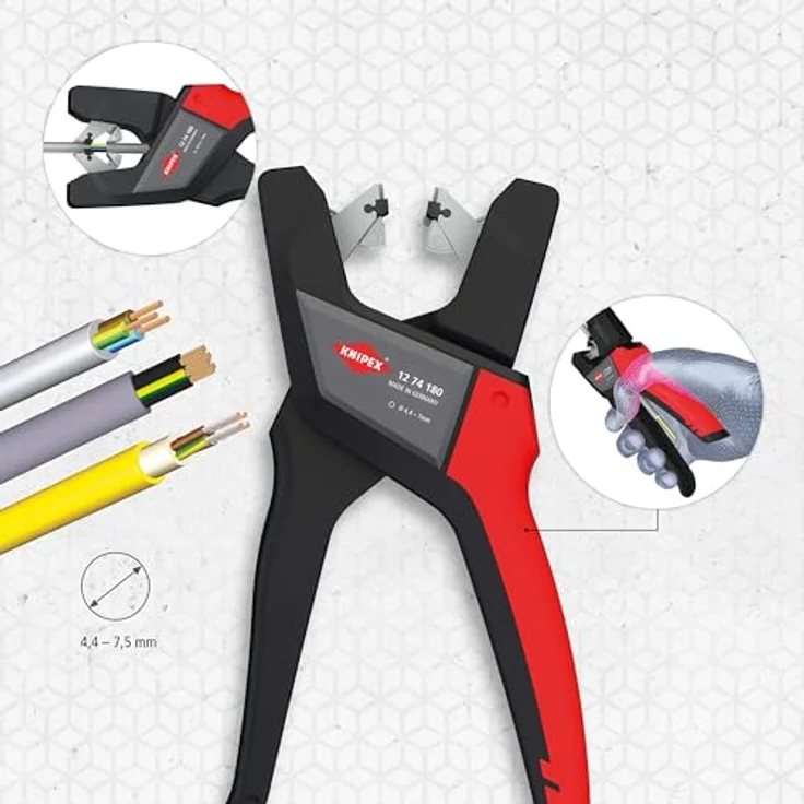 Knipex Abisolierzange 12 74 180, Automatische Abmantelungszange für flexible Zuleitungen, Ø 4,4 mm bis Ø 7,5 mm, ergonomischer Griff – Bild 3