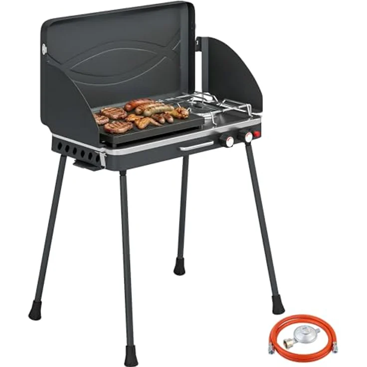 Outsunny Tragbarer Gasgrill 2-in-1 Tischgrill mit 2 Brennern, 7 kW, klappbaren Beinen, Windschutz und Antihaftbeschichtung, ideal für BBQ und Camping – Bild 1