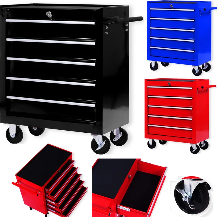 MASKO Werkstattwagen, 5 Fächer schwarz, Rollwagen mit Anti-Rutschbeschichtung, abschließbare Fächer, 26 kg