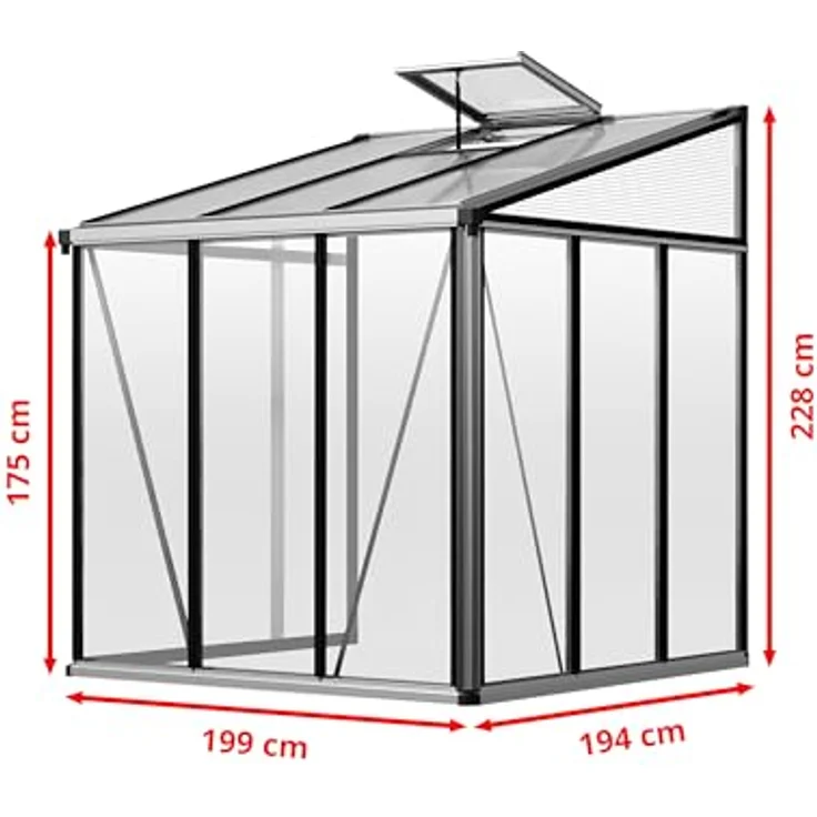 GFP Gewächshaus Anlehngewächshaus Ella 33 - Aluminium - 199x194 cm - 16 mm Polycarbonat-Platten, langlebige PC-Platten, stabile Aluminiumkonstruktion, integrierte Dachrinne - Silber – Bild 3
