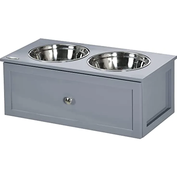 PawHut Hundenapf mit Schublade, erhöhter Fressnapf, Doppel Hundenapf aus Edelstahl, Futternapf für mittelgroße Hunde, Hunde Fressnapf mit Staumraum, Katzenapf, Futterstation, Grau