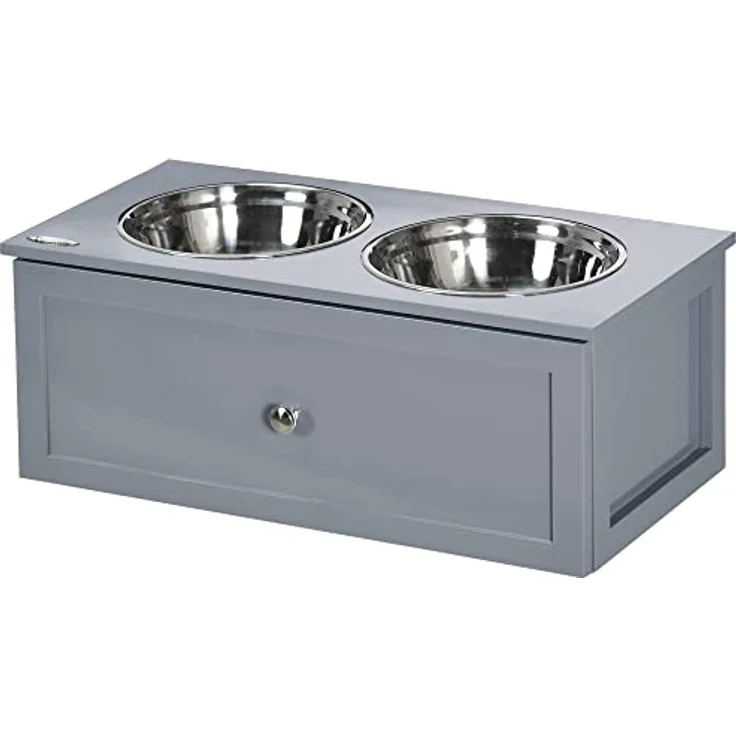 PawHut Hundenapf mit Schublade, erhöhter Fressnapf, Doppel Hundenapf aus Edelstahl, Futternapf für mittelgroße Hunde, Hunde Fressnapf mit Staumraum, Katzenapf, Futterstation, Grau – Bild 1