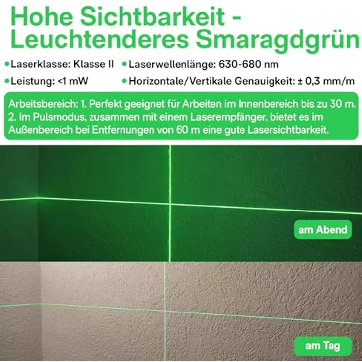 HOTO Kreuzlinienlaser, grüner Laser mit 3x 360° Linien, inkl. Tasche und Stativ, Reichweite max. 30m, IP54 staub- und wassergeschützt – Bild 3